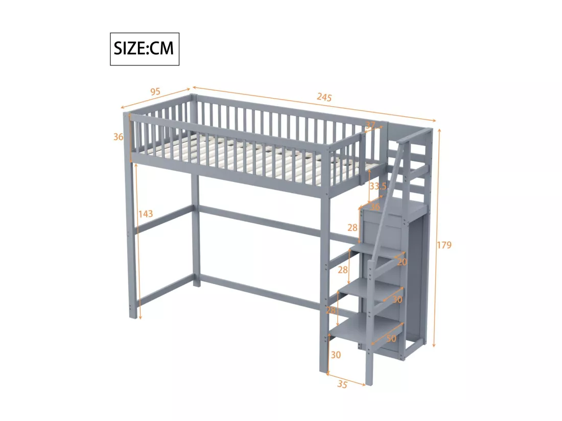 Lit mezzanine 90x200cm en bois - avec une armoire - Gris