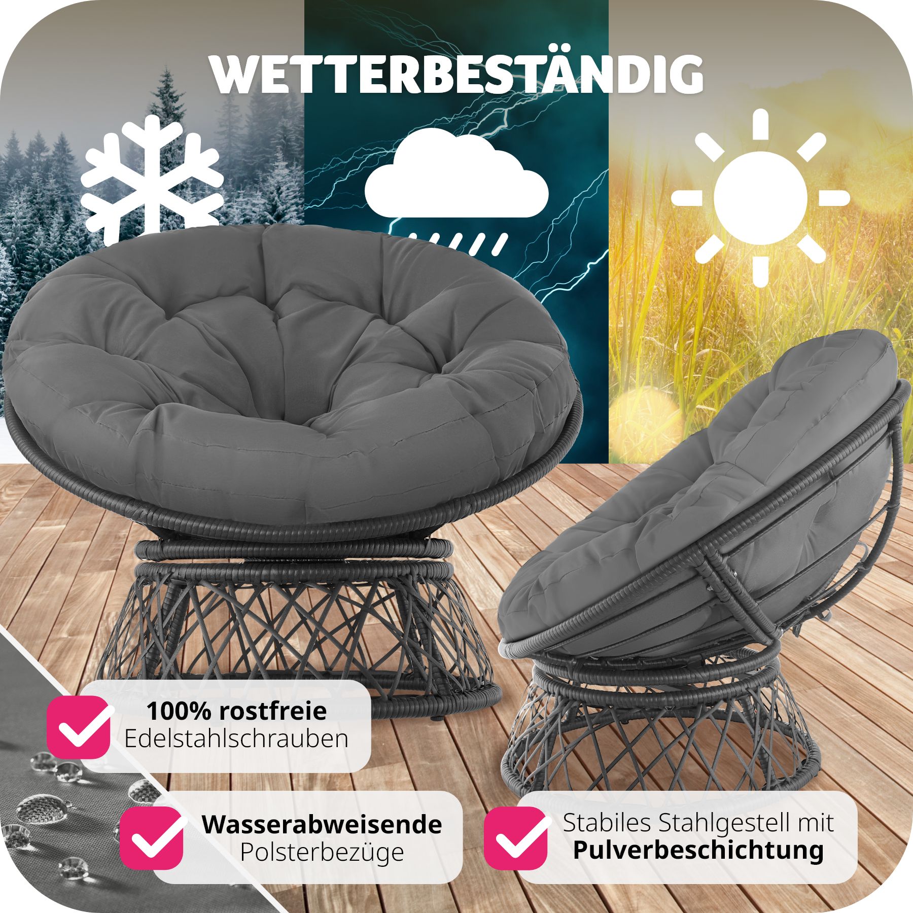 tectake® Rattansessel, drehbar, UV-beständig, 92 x 80 x 80,5 cm