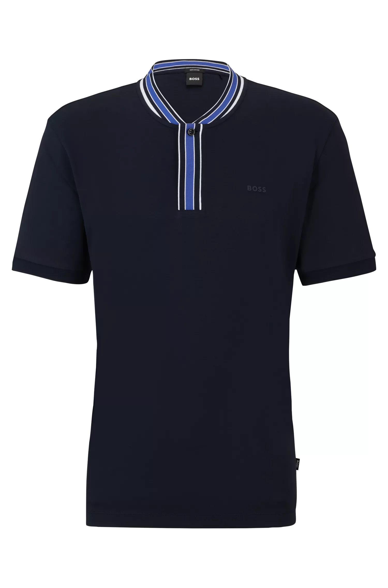 Camisa Henley BOSS em algodão interlock preto com detalhes listrados.