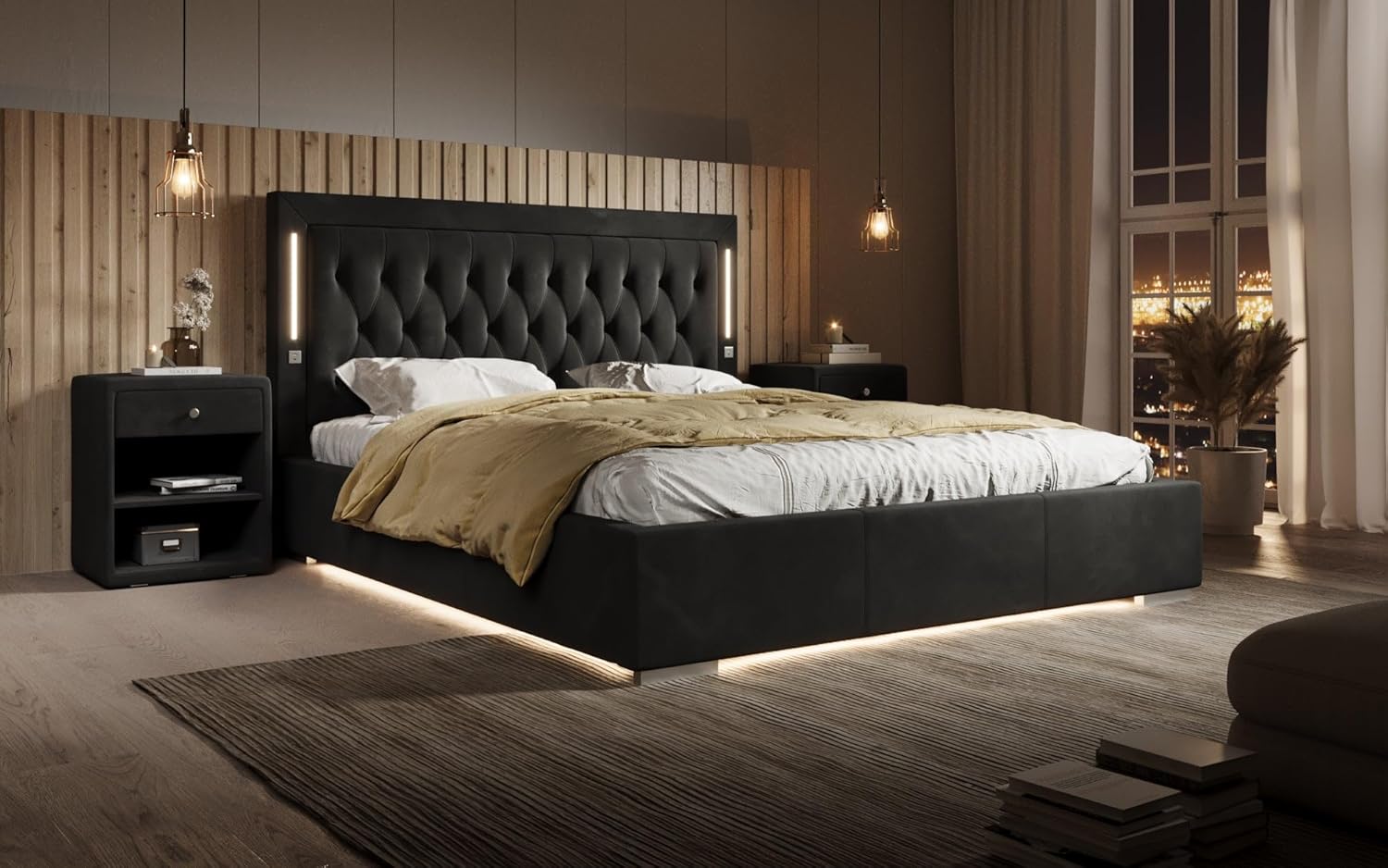 Designer Polsterbett Relina 180x200 inkl. RGB-Beleuchtung, USB-Anschluss und Stauraum | Bezug: Samt | Farbe: Schwarz