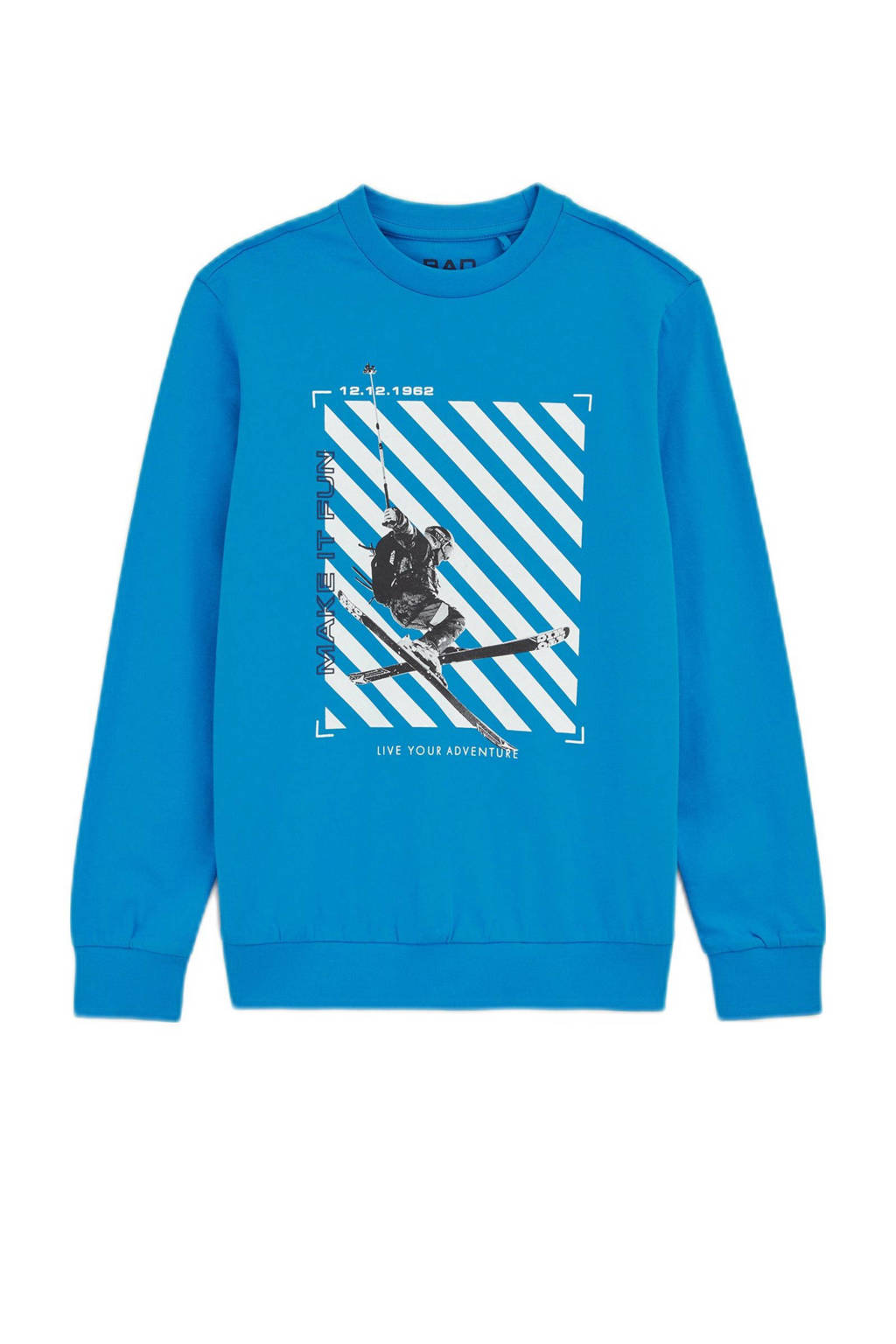 WE Fashion sweater met printopdruk blauw/wit