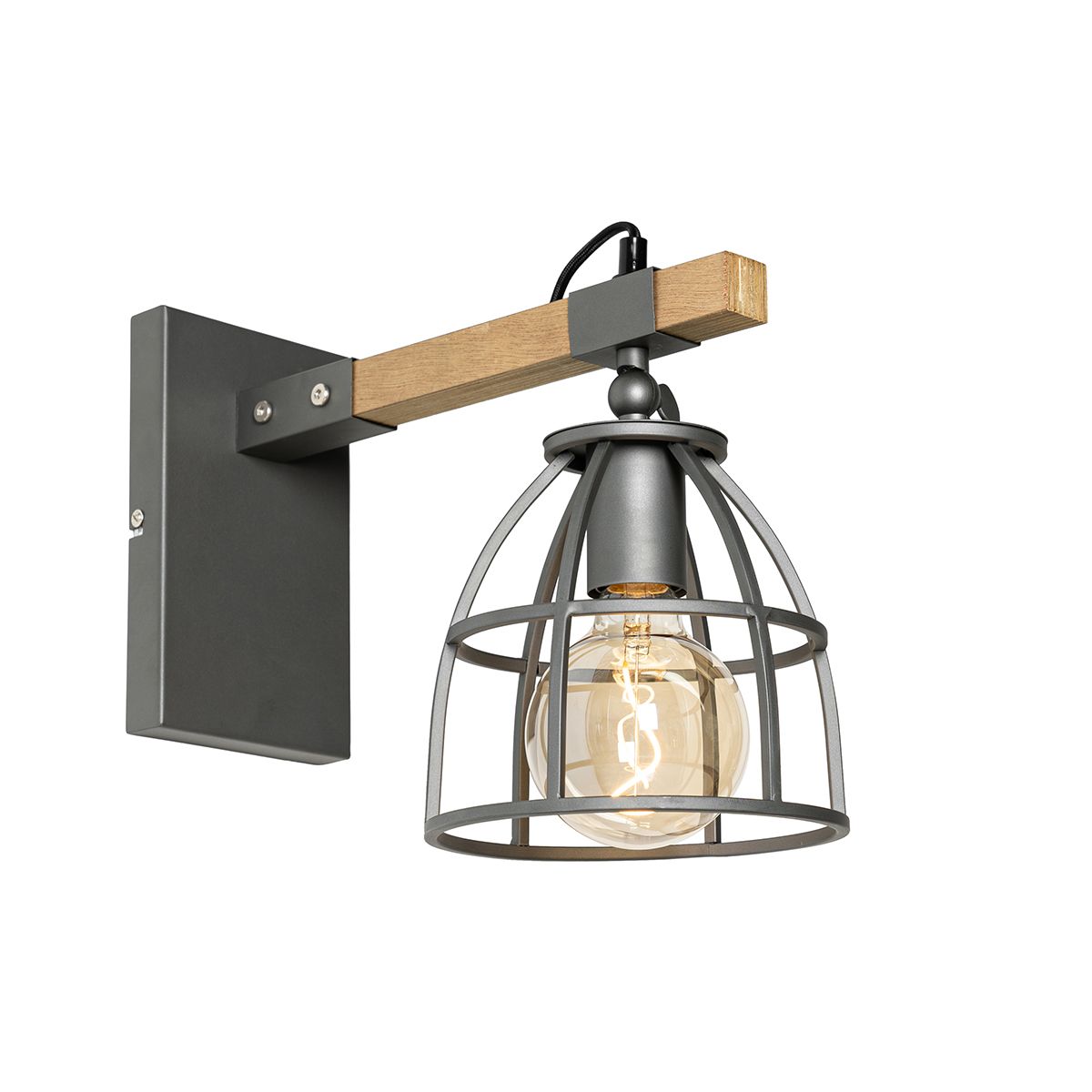 Industriële wandlamp donkergrijs met hout verstelbaar - Arthur