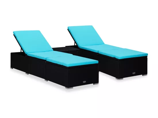 Chaises longues de jardin table à thé 3 pcs Résine tressée Noir