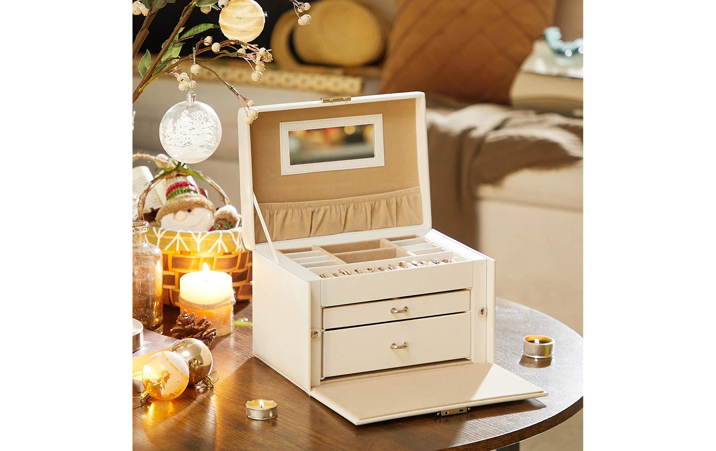 Schmuckschatulle mit 3 Ebenen, Weiss, KunstlederSchmuckbox abschliessbar