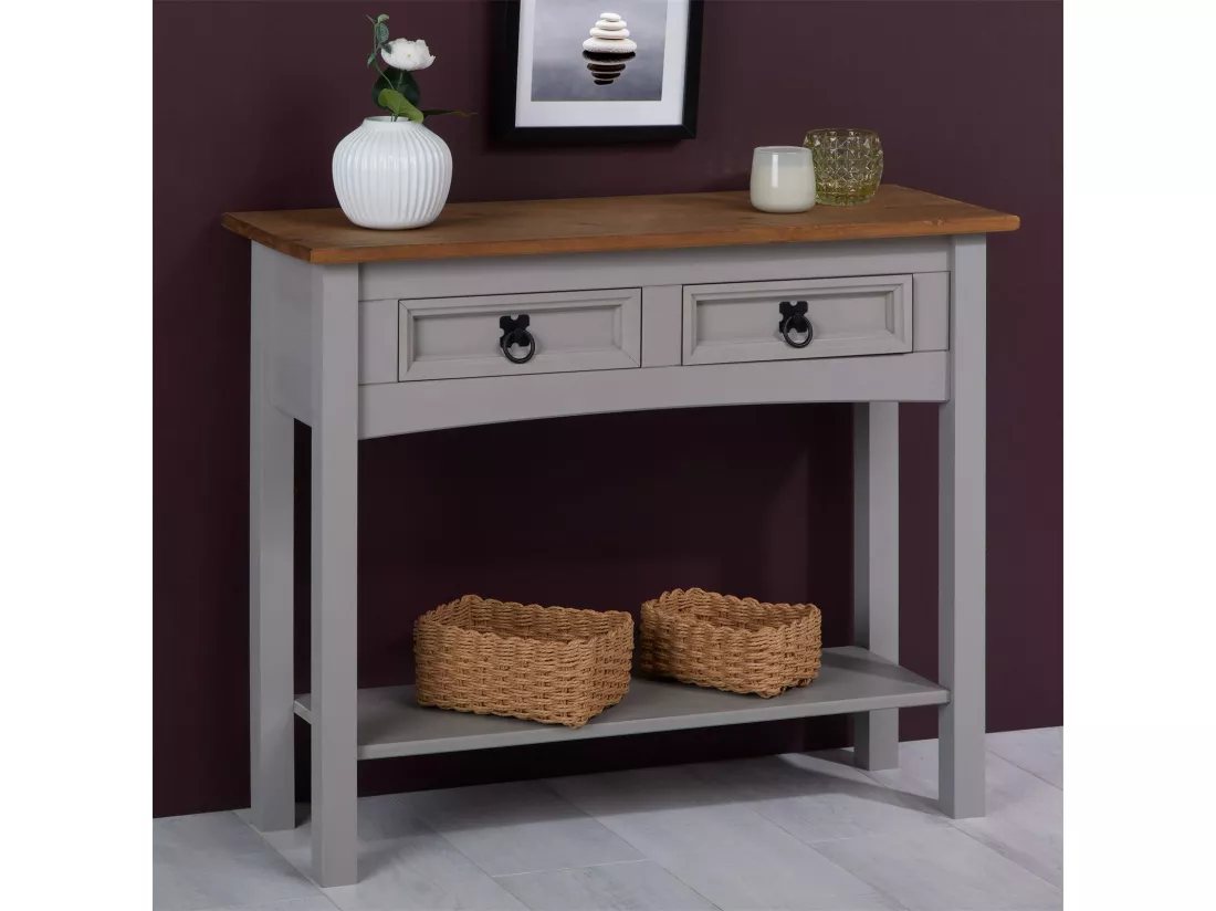 Table console RAMON table d'appoint rectangulaire en pin massif gris et brun avec 2 tiroirs, meuble d'entrée style mexicain en bois