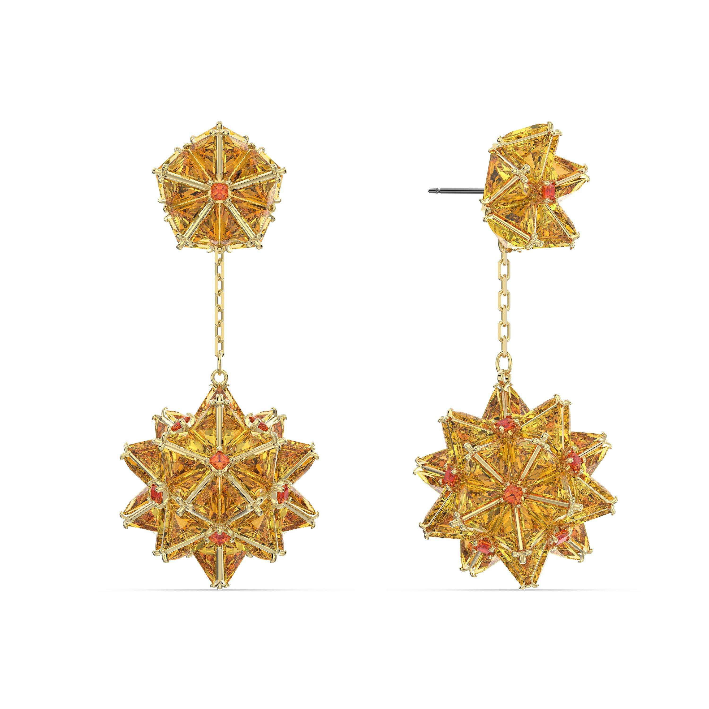 Swarovski Curiosa drop earrings, Geometric cut, Orange, Gold tone plated