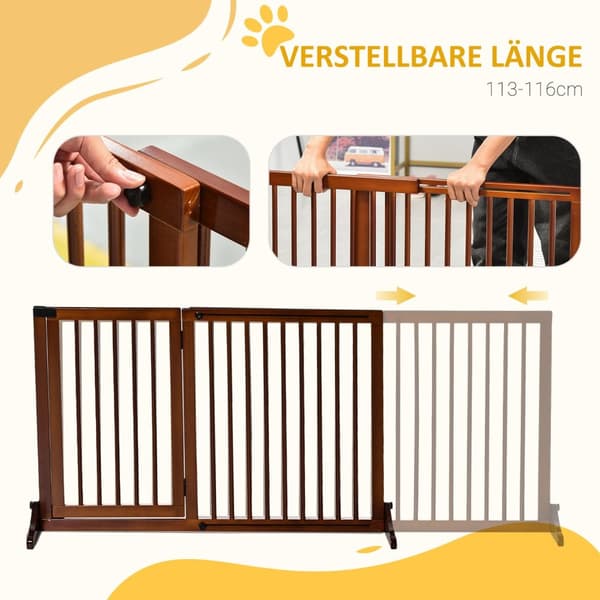 Barrier Frittstående Hundedørport Med Dør, Beskyttelsesport Laget Av Tre, Brun, 113-166X36X71Cm
