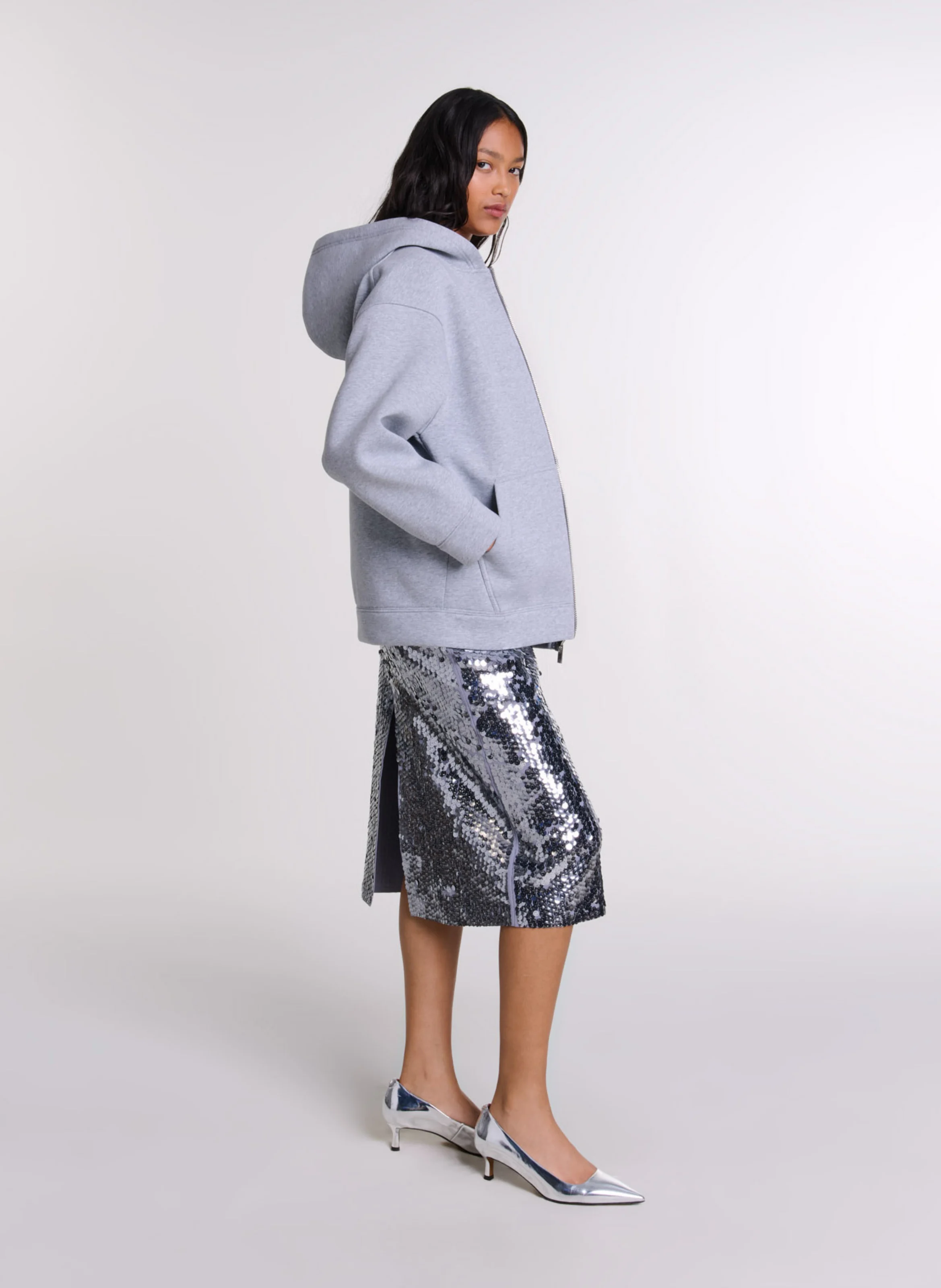 Sweat à capuche droit en coton | Gris