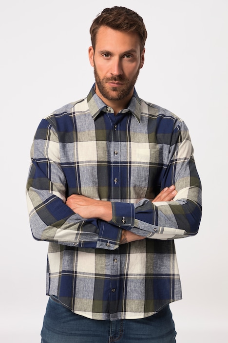 Leinenmix-Karohemd, Langarm, Kentkragen, Modern Fit, Tall