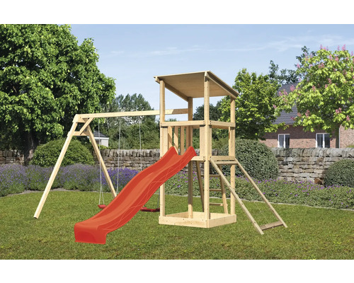 Speeltoren/speelhuis Karibu Anna, 107 x 107 cm, van hout, bestaande uit een glijbaan, 2 schommelsets en een rode nethelling.