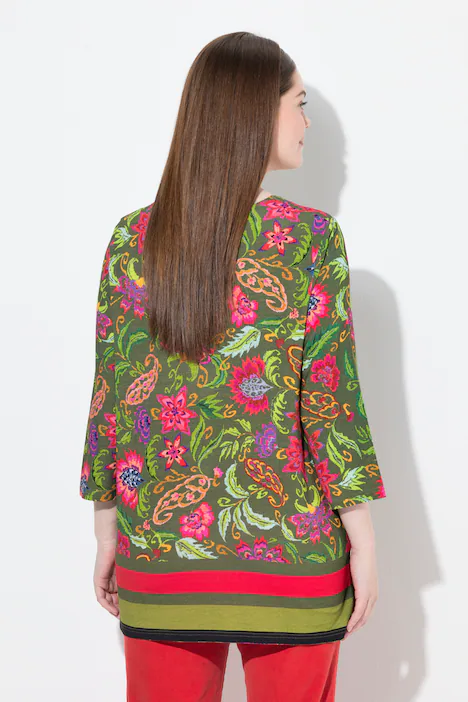 Shirt, Landhausdruck, A-Linie, Tunika-Ausschnitt, 3/4-Arm, oliv