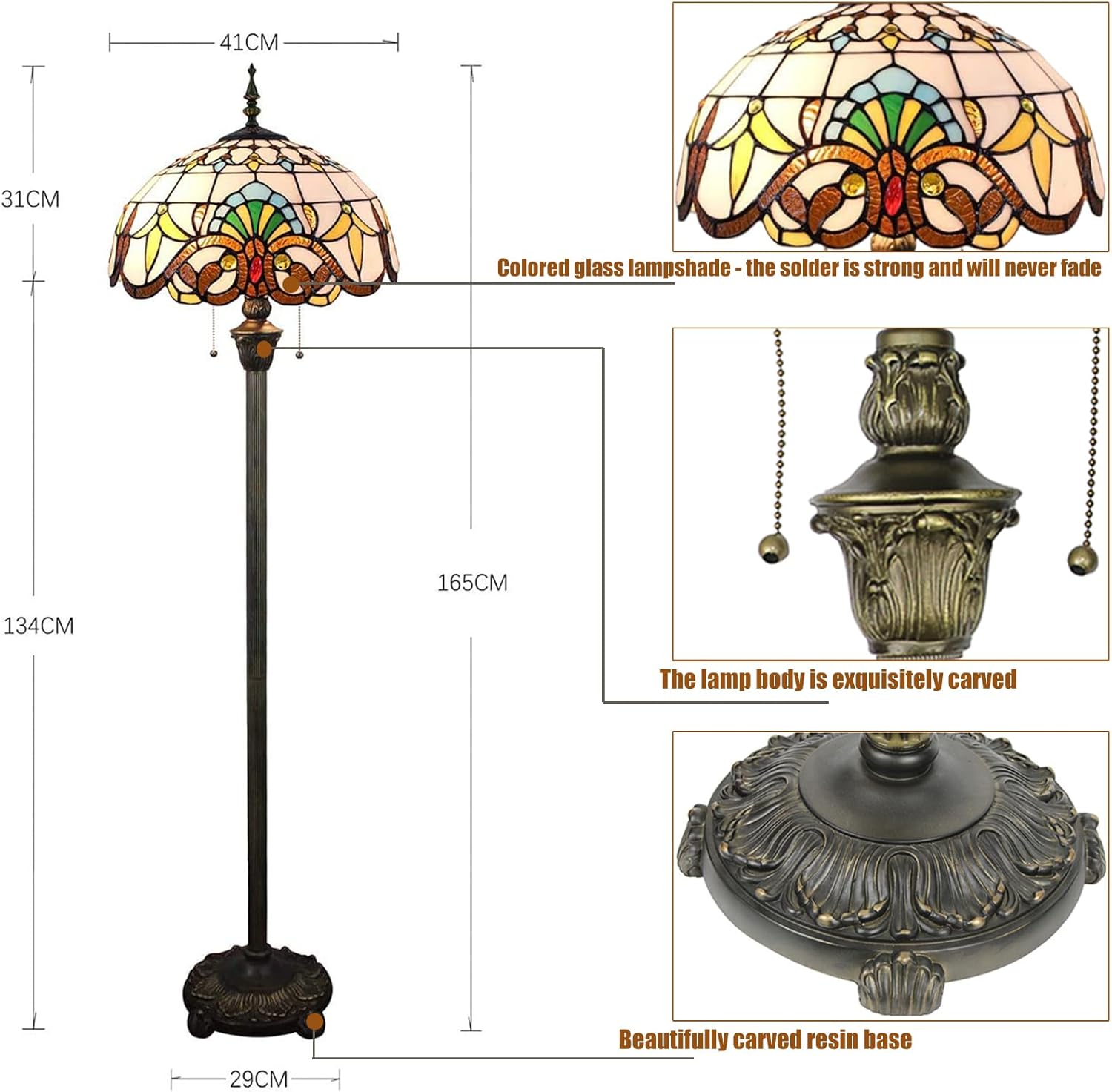 Stehlampe Tiffany Stil Vintage Lampe Groß,Boho Orientalische Art Deko Steh Leselampe,16 Zoll Buntglas Lampenschirm,Barock Antike Bogenlampe für Wohnzimmer Schlafzimmer,Mit 2 x E27 Birne (F-1)