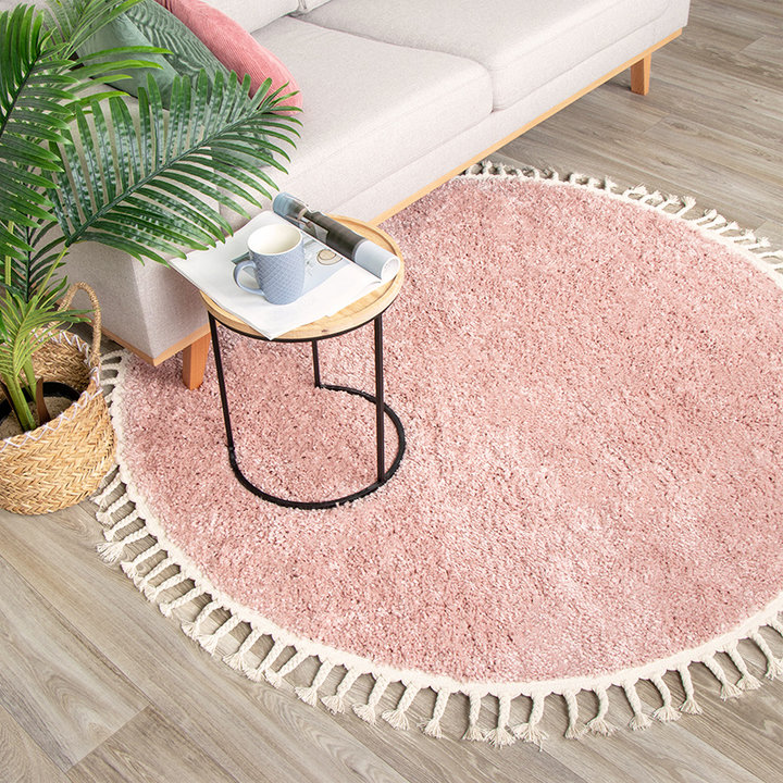 Rond hoogpolig vloerkleed - Lofty Fringe Roze | Sfeervol!