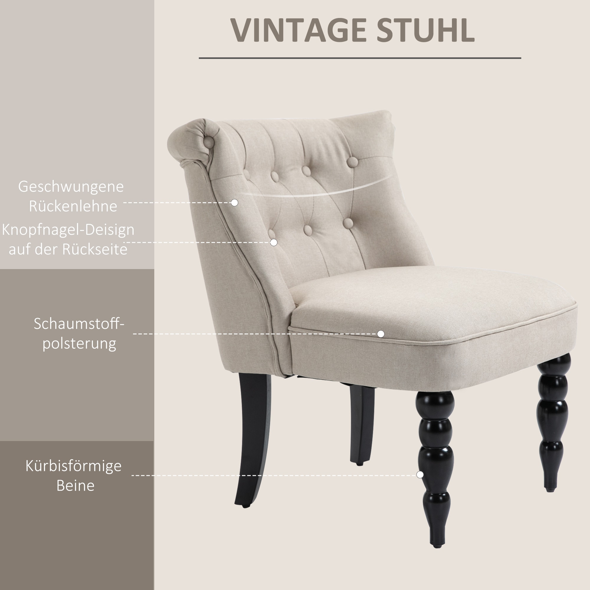 HOMCOM Polstersessel mit Knopfdesign beige, schwarz 67 x 67 x 78 cm (LxBxH)