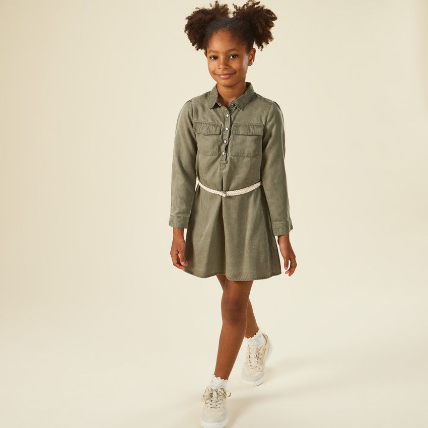 Robe chemise avec ceinture tressée pour fille - Vert