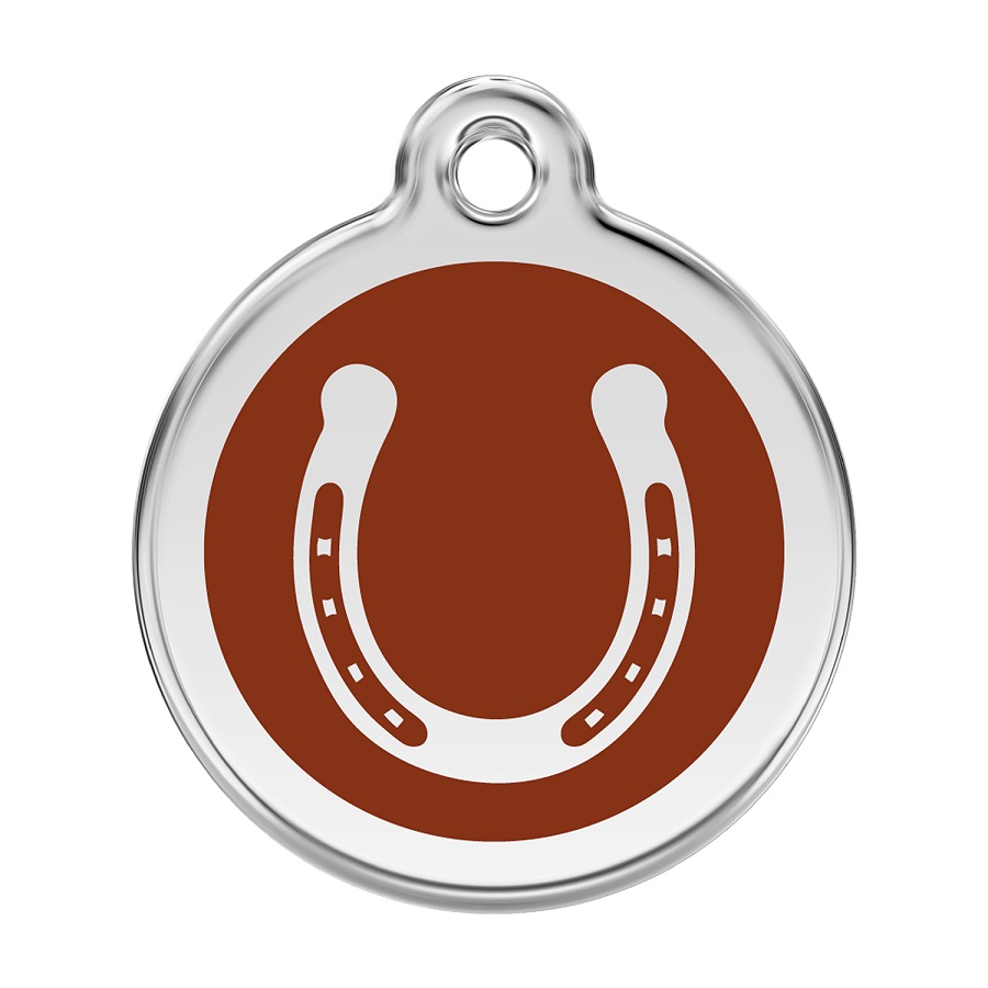 Placa de identificação para cães em aço inoxidável esmaltado marrom com formato de ferradura