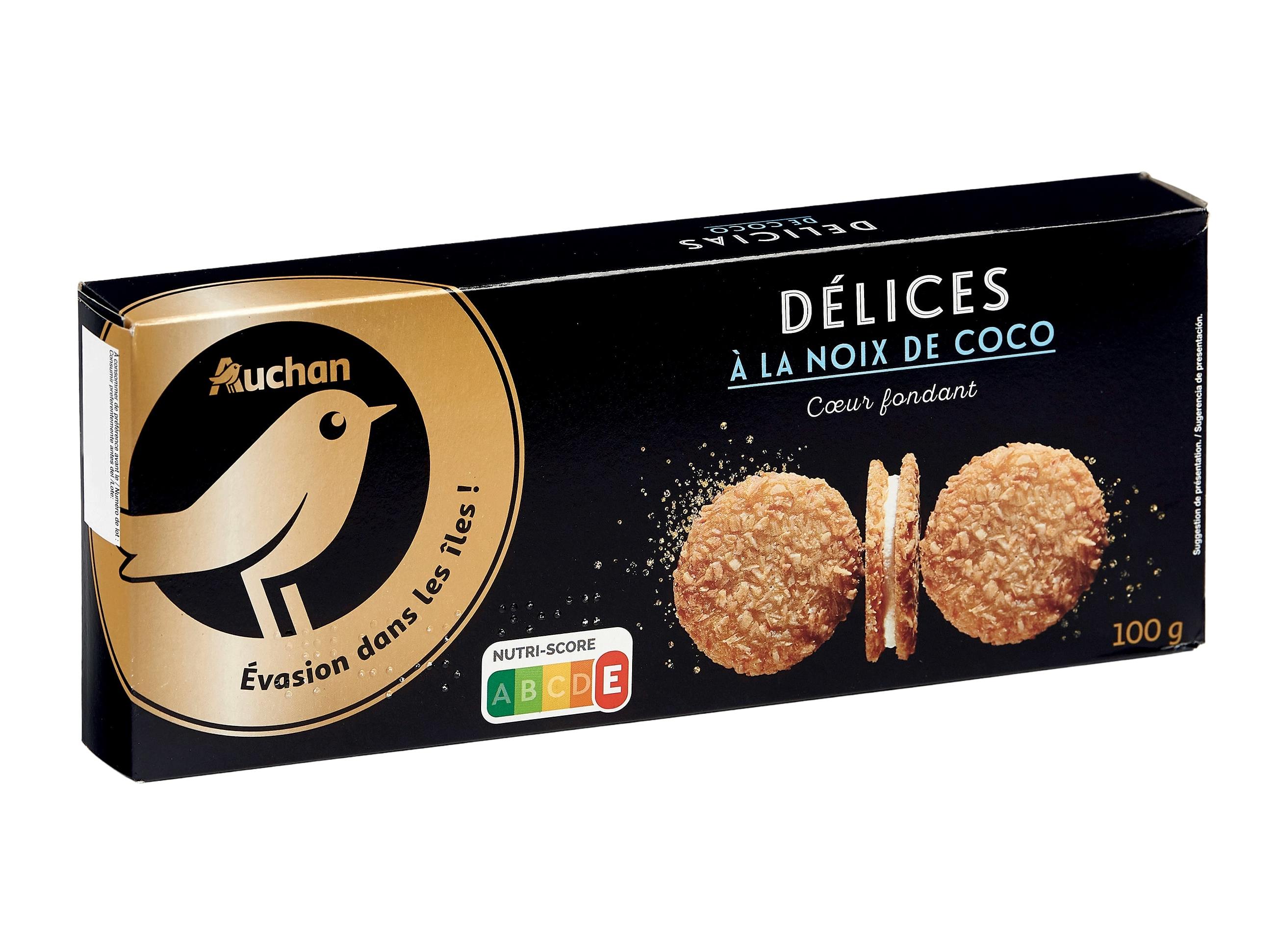 BOLACHA MANTEIGA AUCHAN COLLECTION PEDAÇOS COCO RALADO COM RECHEIO 100G