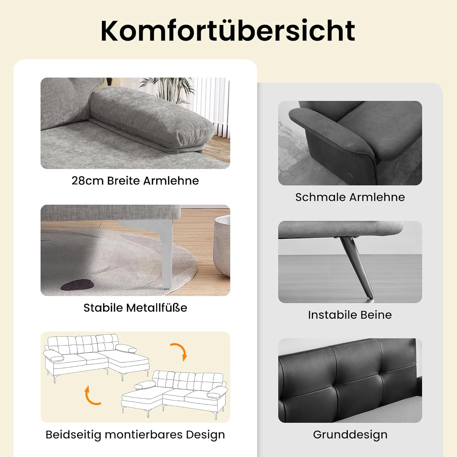 Ecksofa 3-Sitzer Sofas 210cm breit Polsterecke mit Federkern Kissen und Rückenlehnen abnehmbar und waschbar - Chaiselongue beidseitig montierbar Couch L-Form fürs Wohnzimmer (Grau)