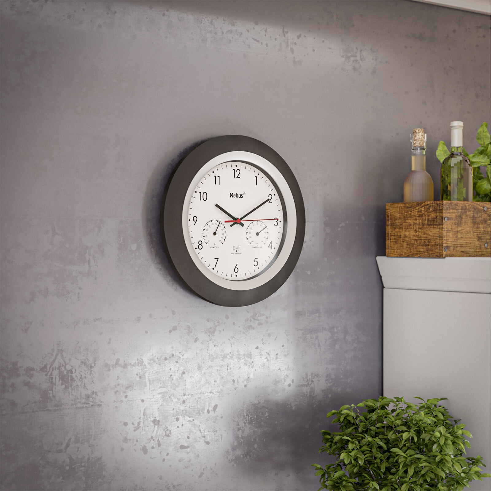 Mebus Funk-Wanduhr mit Thermo- und Hygrometer 30 cm schwarz/silberfarbig