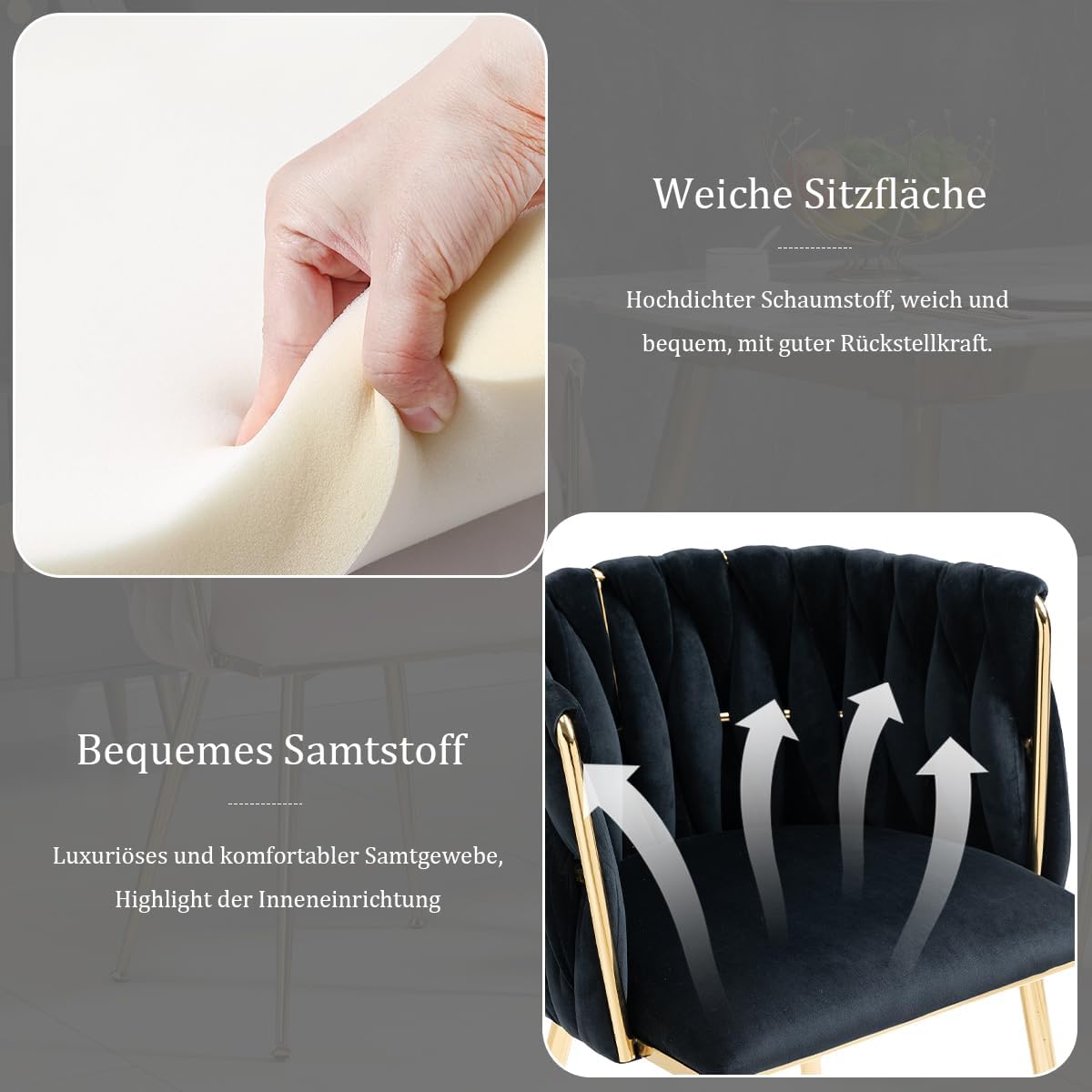 Esszimerstühle Samt 2er Set, Küchenstühle mit Goldenen Beinen und Armlehne, Polsterstuhl, Sessel mit handgewebten, Schminktisch stuhl, für Esszimmer, Küchen, Wohnzimmer, Schlafzimmer, Schwarz