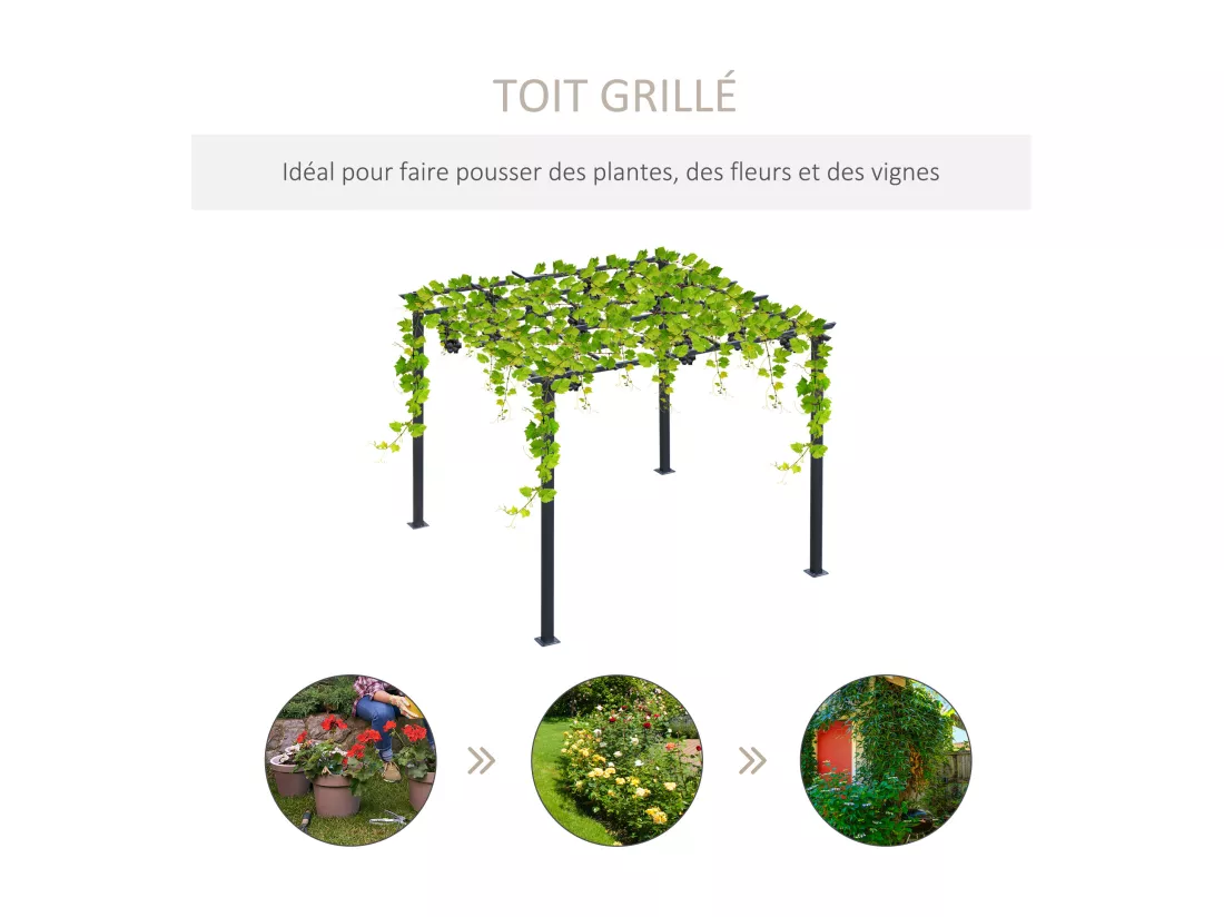 Pergola autoportante style contemporain - toit terrasse à décorer - dim. 3L x 3l x 2,3H m - métal époxy anticorrosion noir