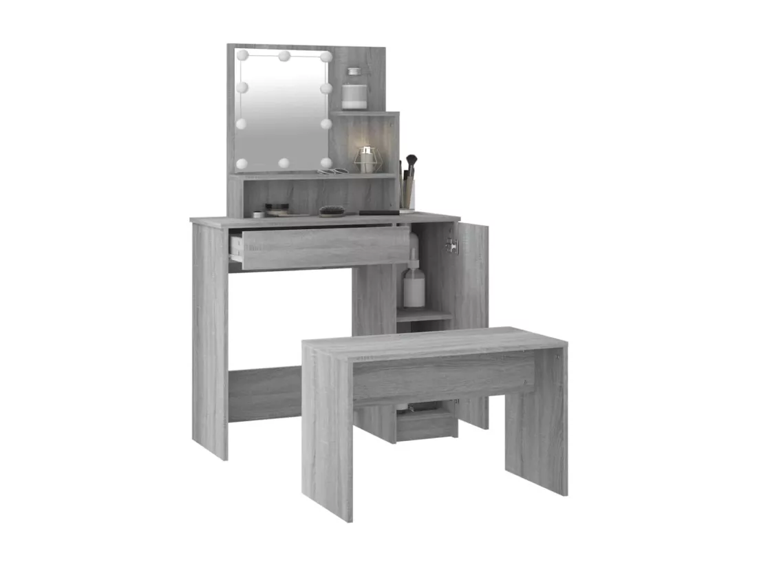 Ensemble de coiffeuse avec LED Sonoma gris Bois d'ingénierie
