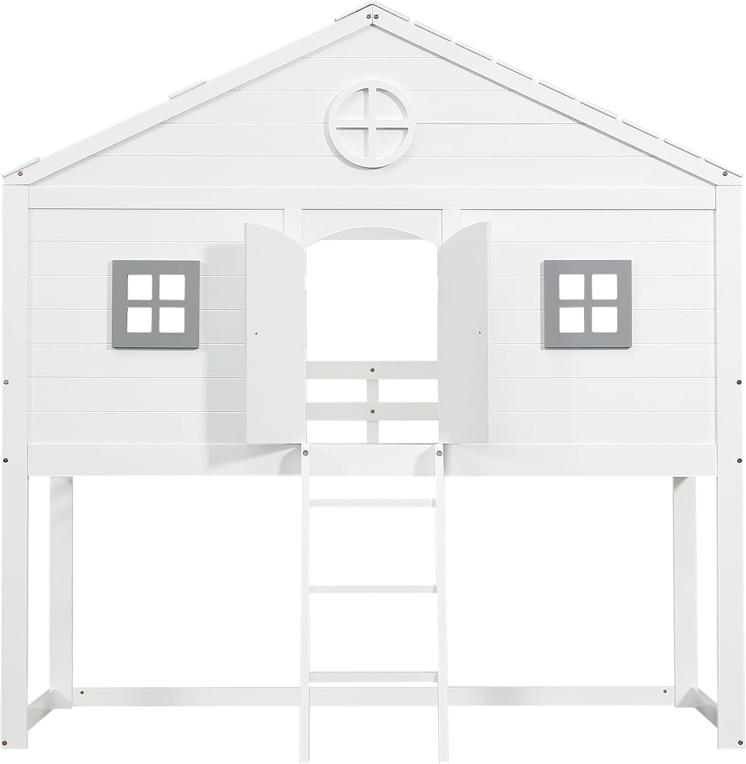 Merax Hochbett 90x200cm, Kinderbett Etagenbett mit Sicherheitsleiter, Rausfallschutz & Lattenrost, Hausbett mit Dach & Fenster, Platzsparendes Stockbett Jugendhochbett, Unterhaltungsbereich, Weiß