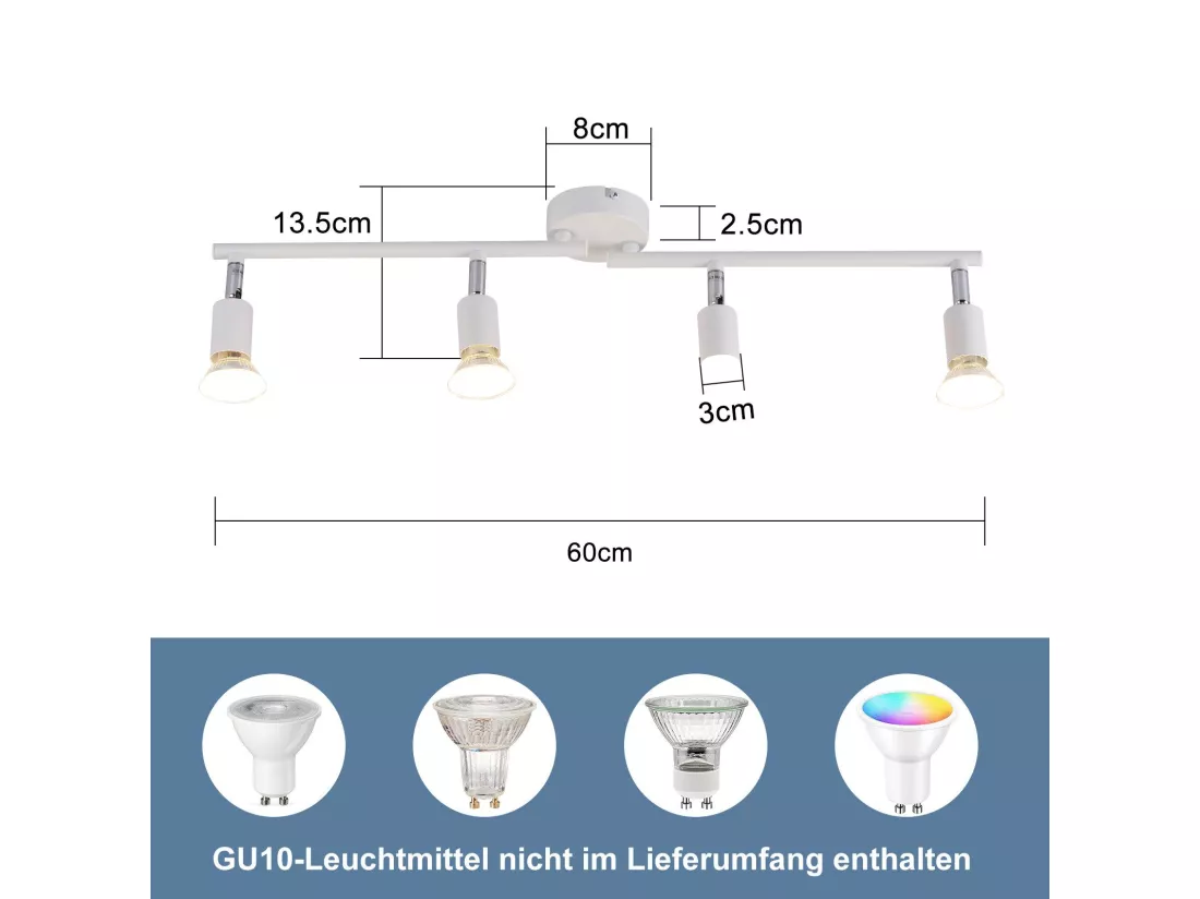 NETTLIFE Plafonnier LED 4 ampoules GU10 plafonnier moderne spot intérieur blanc