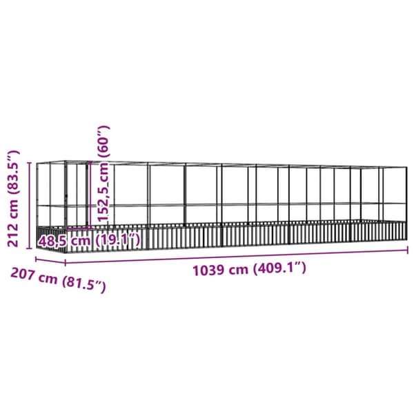 vidaXL Voliere med forlengelse sølv 1039x207x212 cm stål