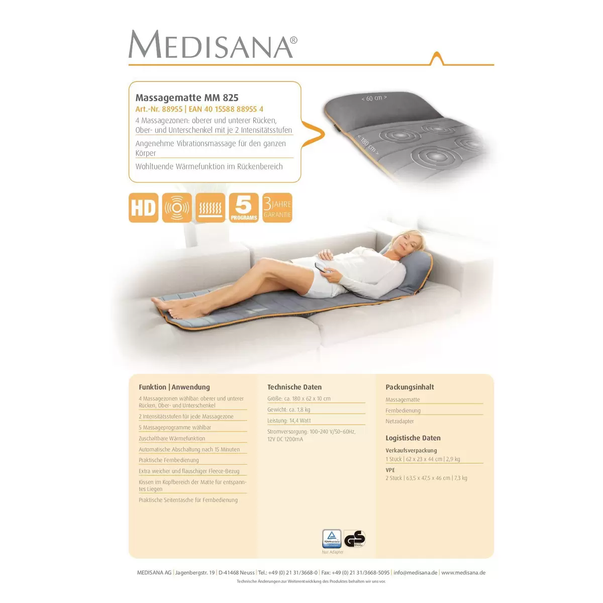 Massagematte MM825 Medisana Grau