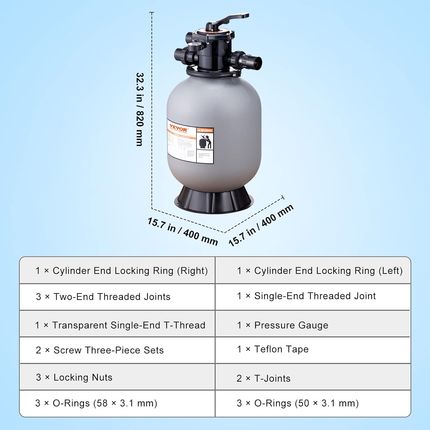 VEVOR Sandfilteranlage 35GPM Durchfluss Filteranlage 406,4mm Sandfilter 1-1/2Zoll Einlass-/Auslassdurchmesser Filterkessel HDPE Filterpumpe 7-Wege-Mehrwegeventil Sandfilterpumpe 400x400x820mm