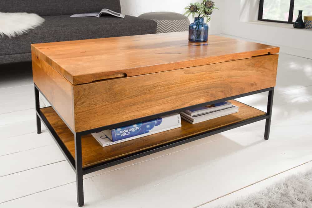 Höhenverstellbarer Couchtisch FACTORY LIFTUP 80cm Mangoholz massiv mit Stauraum Metall