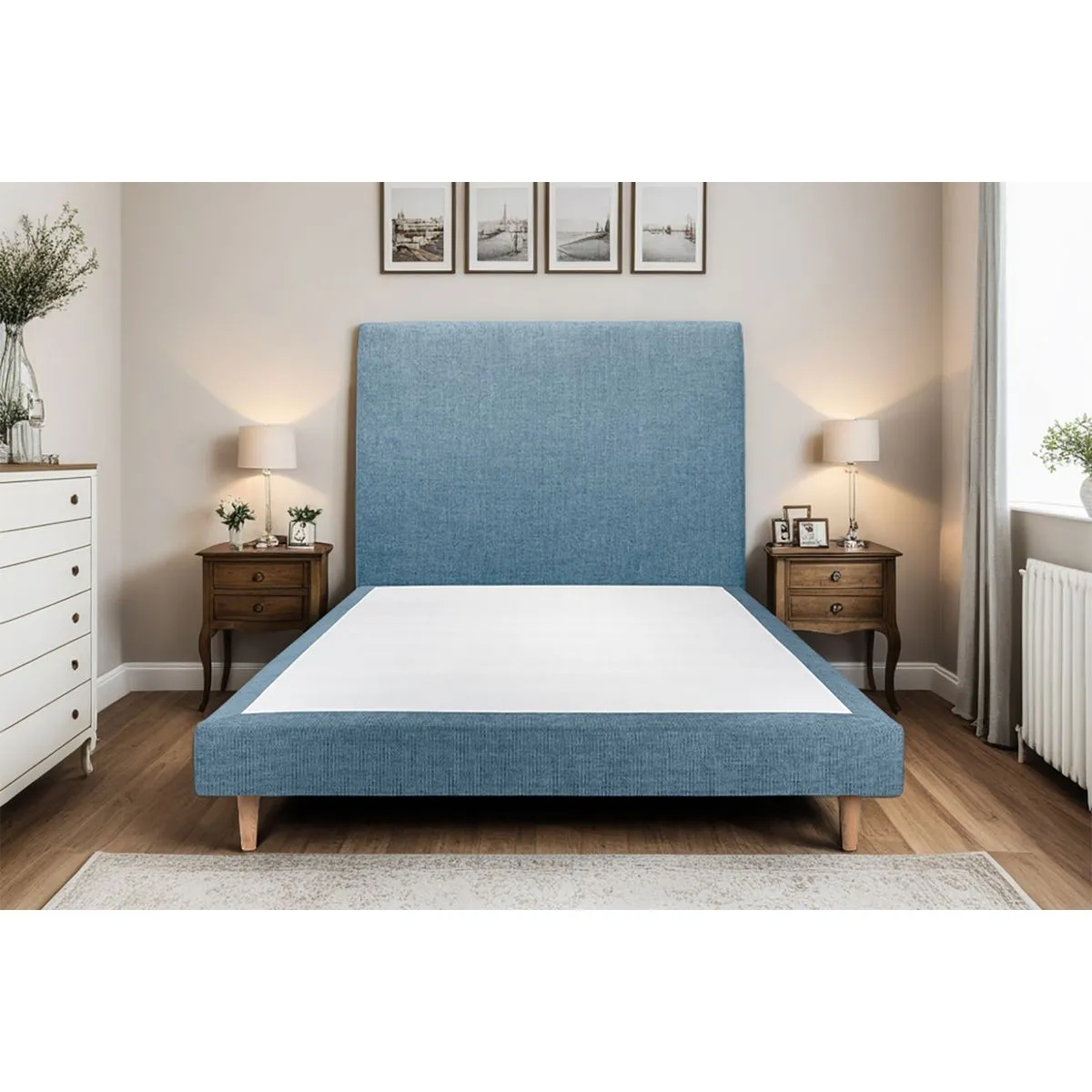 Sommeil de plomb Lit 135x190cm - Tête de lit tapissier tissu - Sommier tapissier bleu