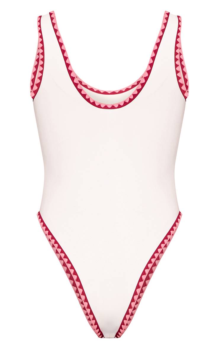Blanc Maillot De Bain Échancré À Surpiqûres Contrastantes
