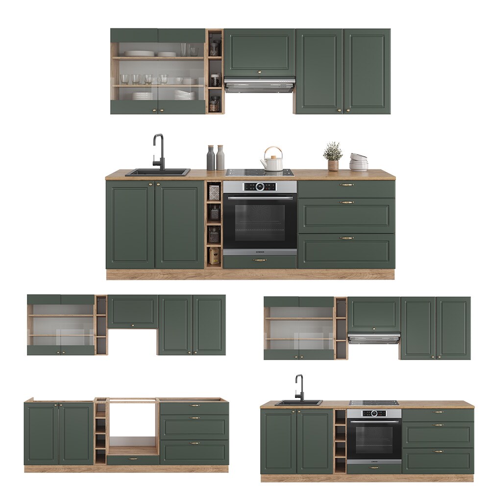 Vicco Küchenzeile Küchenblock Einbauküche Fame-Line Landhaus Eiche Grün 235 cm Gold Küchen Schränke Hängeglasschrank Hängeschrank Schubladenunterschrank Spülenunterschrank Herdumbauschrank
