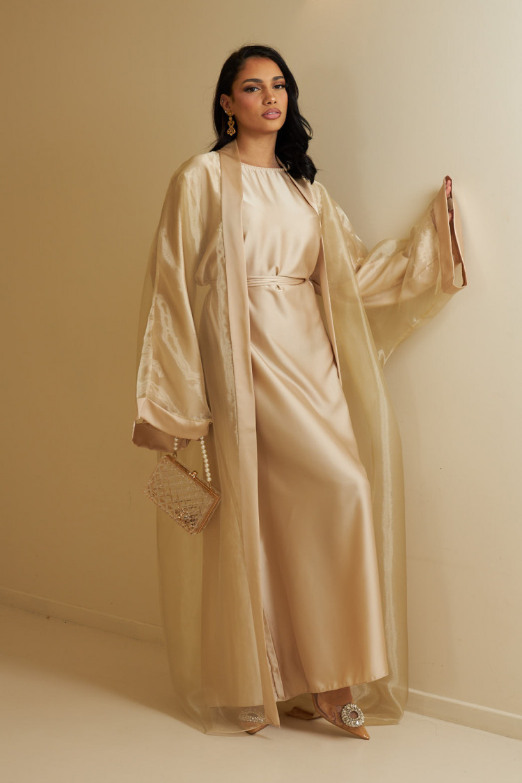 Ensemble 2 pièces abaya + kimono ceinturé beige
