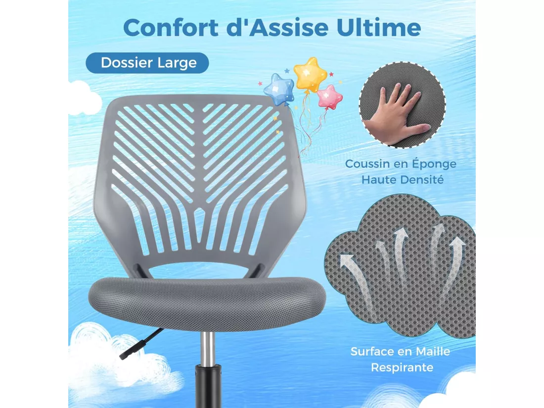 Chaise de Bureau Pivotante Enfants avec Hauteur Réglable 77-89cm, Siège à roulettes avec Dossier Ergonomique & Base à 5 Étoiles, Charge 150kg pour Enfant Adolescent Adulte(Gris)