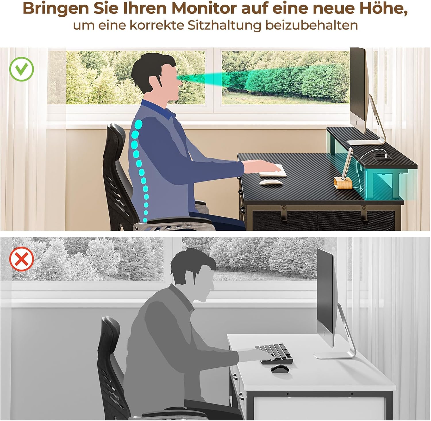 Rolanstar Schreibtisch mit Schubladen, Computertisch mit Steckdosen & LED, Gaming Tisch mit Monitorständer, Regal & 2 Haken, Gaming Schreibtisch für Büro, Wohnzimmer(Schwarz, 120x47x90,5cm)