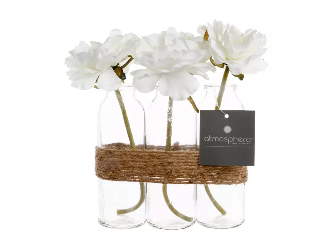 Composition artificielle de 3 Roses Blanches dans 3 Vases en verre liés par une corde
