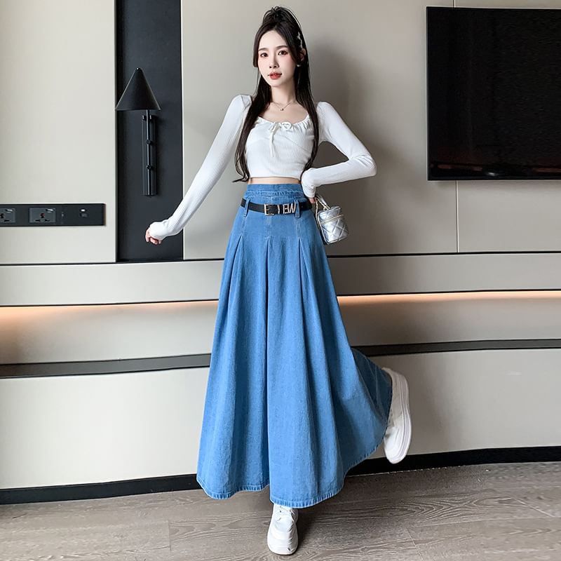 Frigga - Gewassen geplooide maxi-A-lijn denim rok met hoge taille en riem