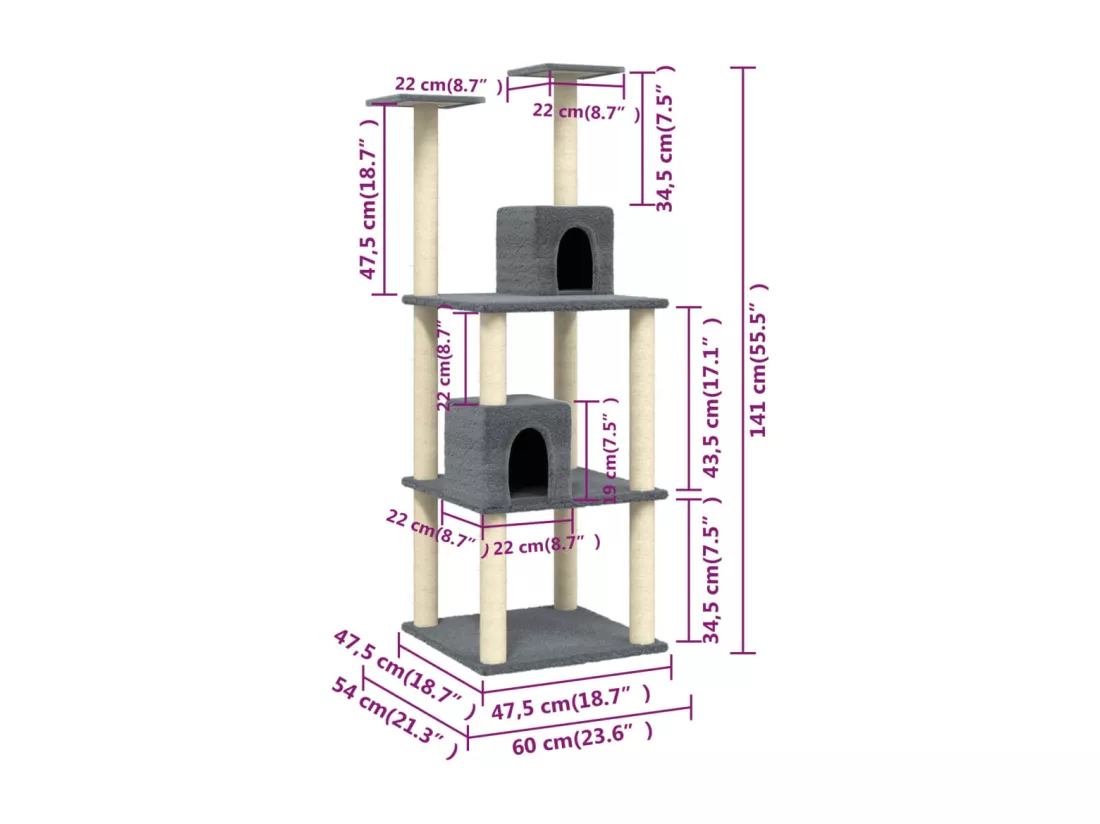 Arbre à chat avec griffoirs en sisal Gris foncé 141 cm
