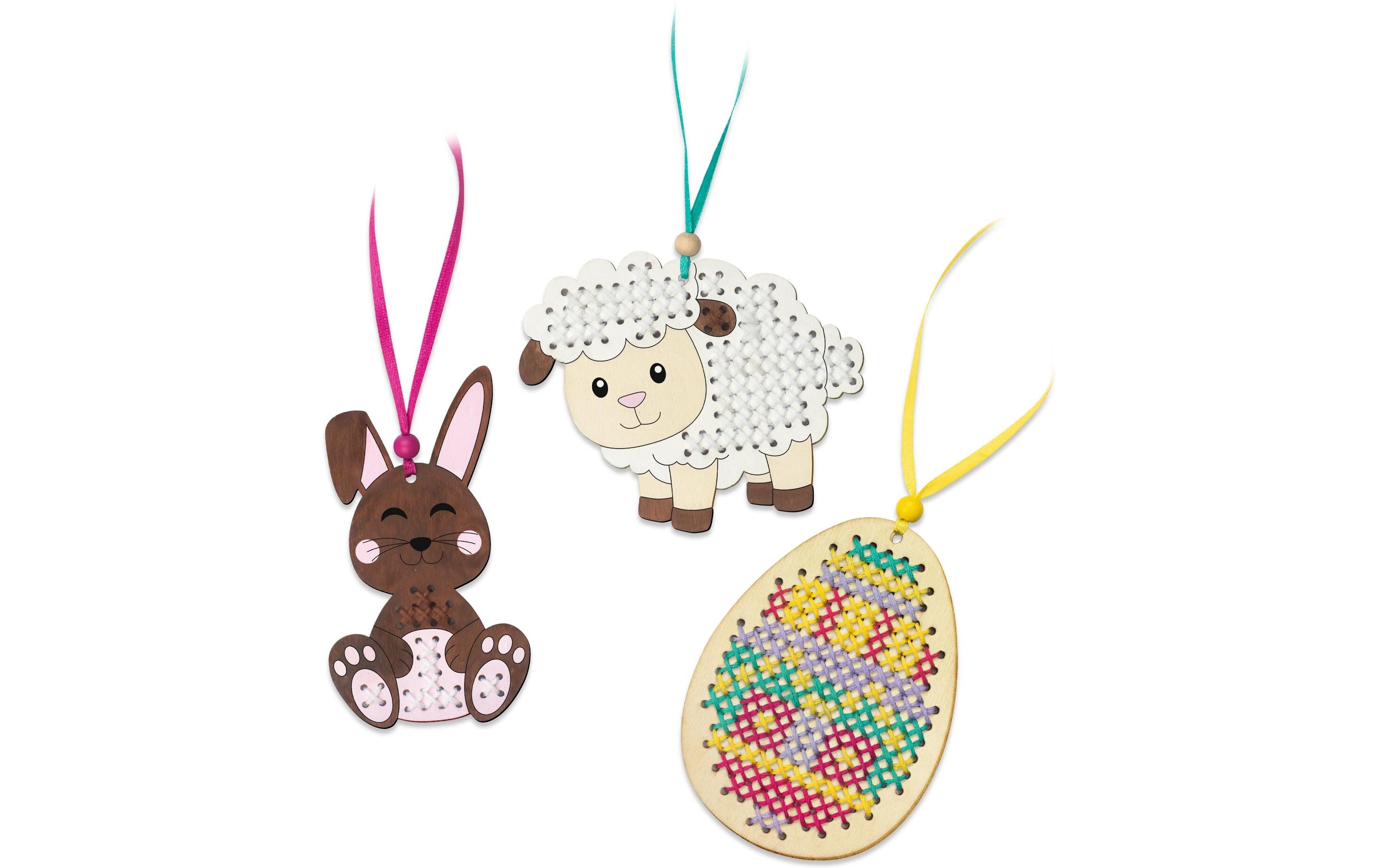 Bastelset Kreuzstich-Holzanhänger Ostern 3 Stück, MehrfarbigSet mit Materialien zum Basteln von drei Holzanhängern