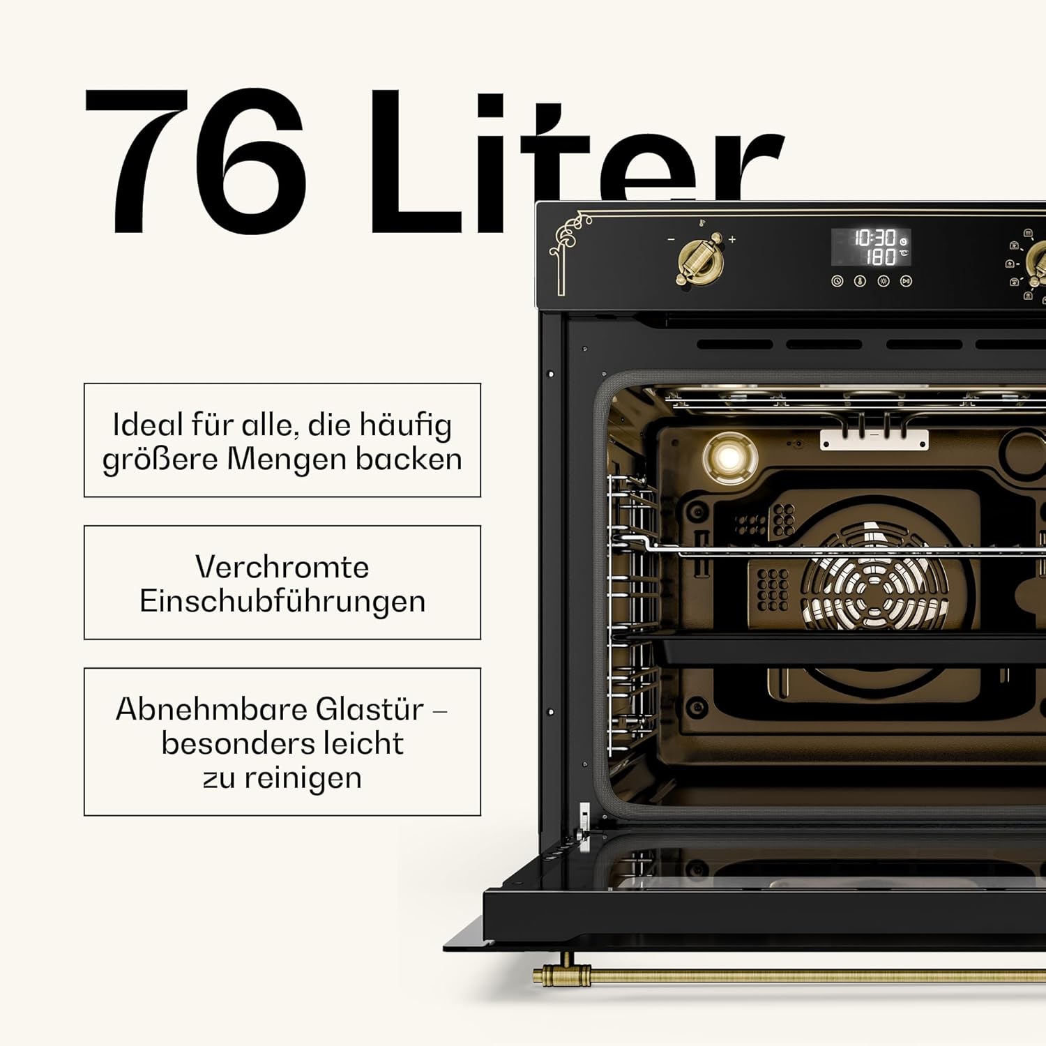 Klarstein Victoria Pyro Einbaubackofen 60 cm – 76L, Pyrolyse, 11 Funktionen, Retro Design, Energieklasse A, Timer, Einbau Backofen ohne Kochfeld, Vierfachverglasung, Emaille-Innenraum, Schwarz