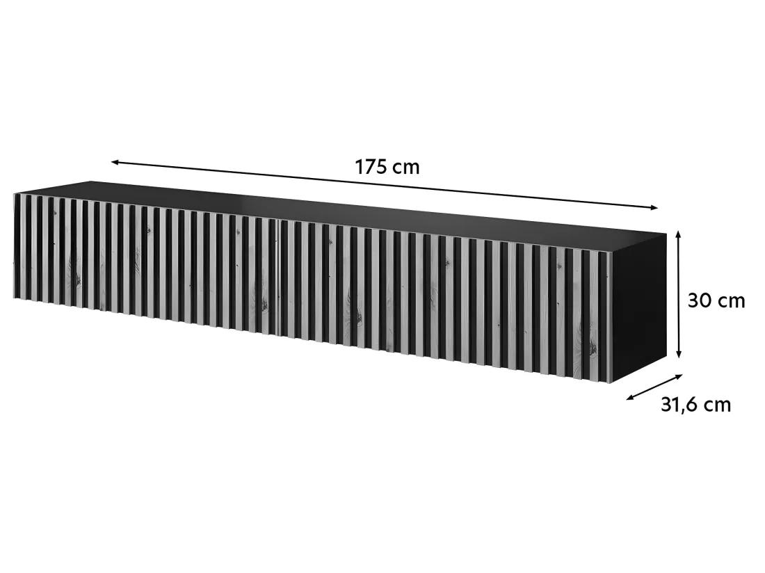 Meuble TV 175 cm - en chêne artisan avec façade fraisée et inserts noirs - TELIRE