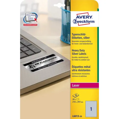 Avery Zweckform L6013-20 Typenschild-Etiketten, 210 x 297 mm, 20 Bogen/20 Etiketten, silber