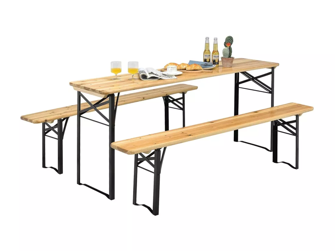 Ensemble Table Pliante et Bancs de Pique-Nique pour 4 personnes, Set de Table et Chaises en Bois pour Camping avec Tubes d'acier Pulvérisé Résistant aux Intempéries