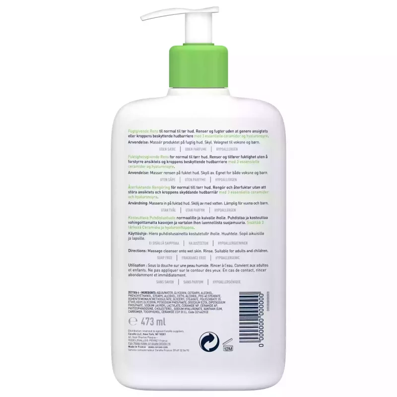 Crème Lavante Hydratante Visage et Corps pour les Peaux Sèches à Très Sèches - 473ml