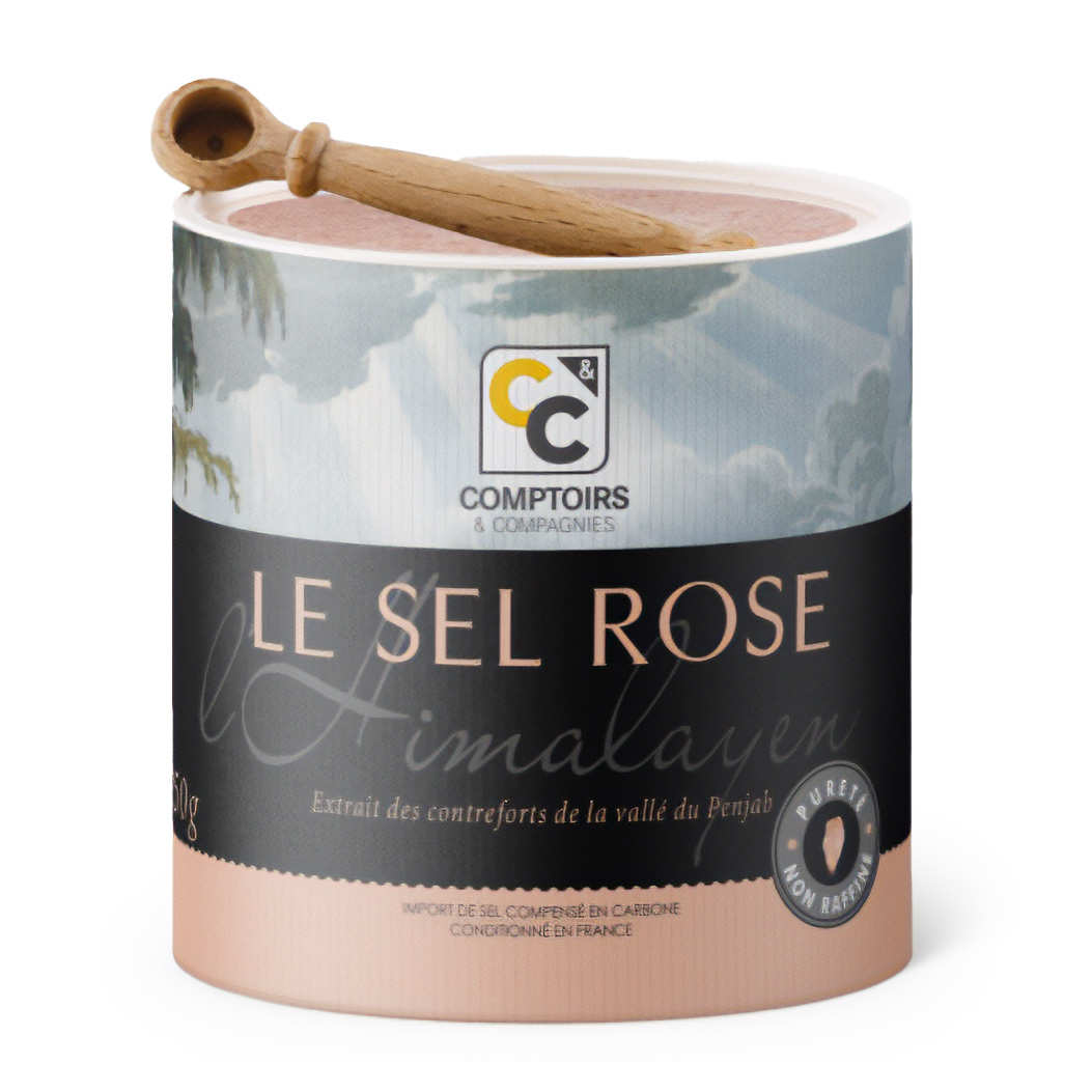 Sel rose fin de l'Himalaya et cuillère en bois