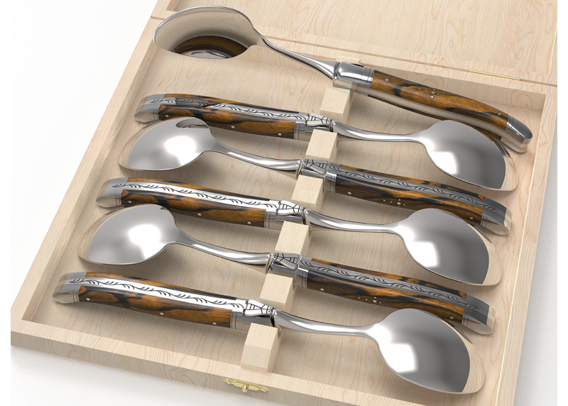 Service de 6 petites cuillères Laguiole avec un manche en bois d'ébène royal et mitres en acier inoxydable