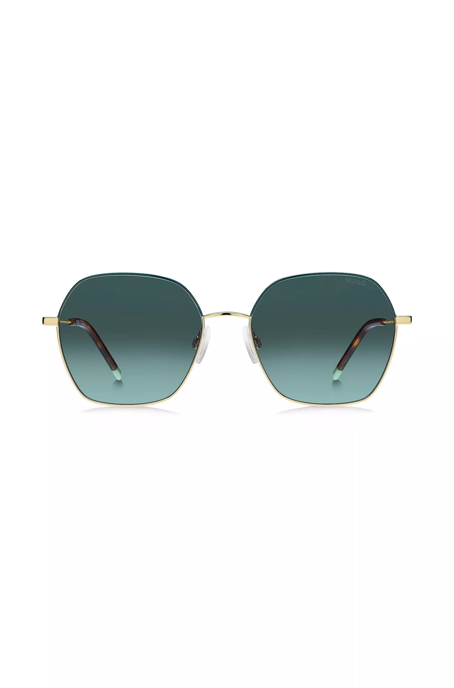 Óculos de sol HUGO em tons de vermelho e dourado com ponteiras em acetato Havana.